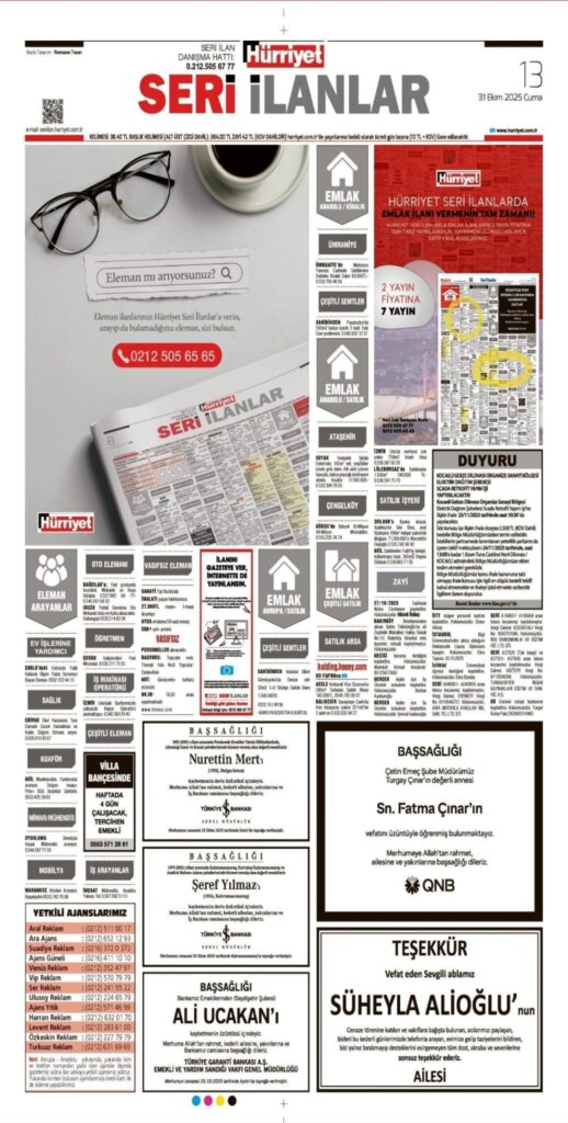 31 Ekim 2025 Hürriyet vefat teşekkür başsağlığı anma cenaze ilanları