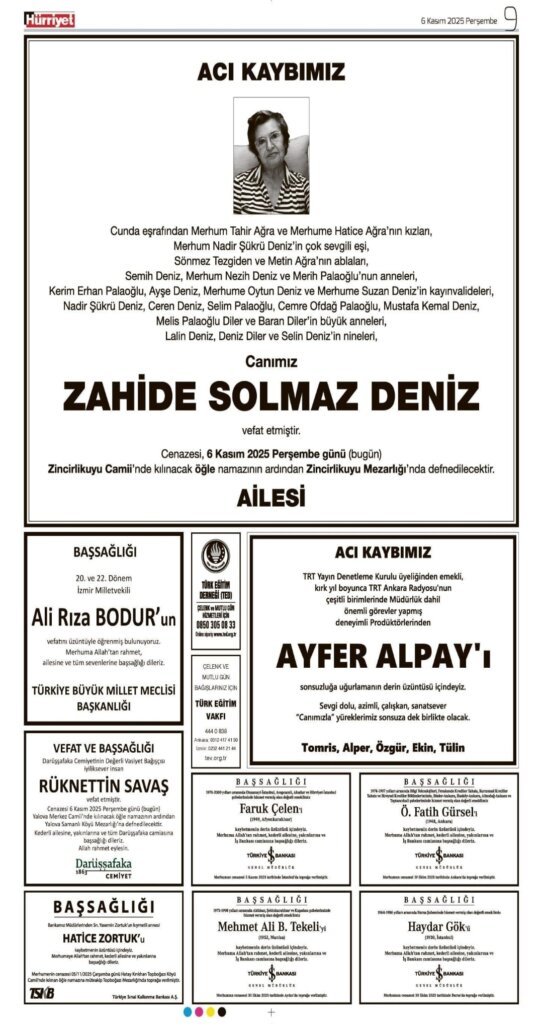 Hürriyet Bugünkü Vefat Teşekkür Anma ilanları 06.11.2025