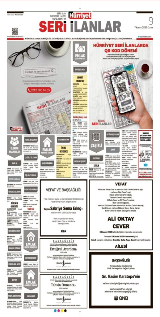 Hürriyet Bugünkü Vefat Teşekkür Anma ilanları 07.11.2025