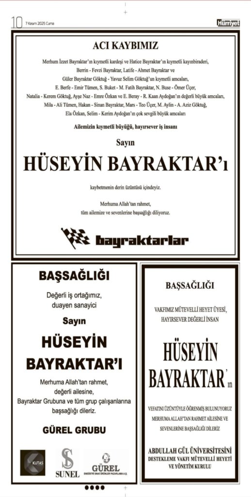Hürriyet Bugünkü Vefat Teşekkür Anma ilanları 07.11.2025