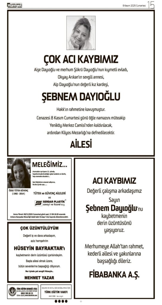 Hürriyet Bugünkü Vefat Teşekkür Anma ilanları 08.11.2025