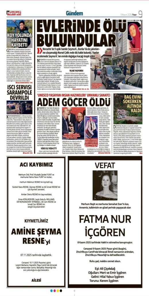 Hürriyet Bugünkü Vefat Teşekkür Anma ilanları 09.11.2025