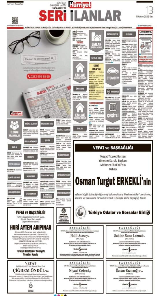 Hürriyet Bugünkü Vefat Teşekkür Anma ilanları 11.11.2025