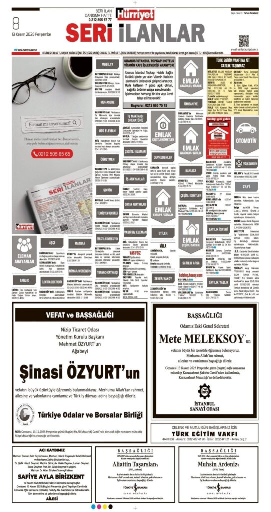 Hürriyet Bugünkü Vefat Teşekkür Anma ilanları 13.11.2025