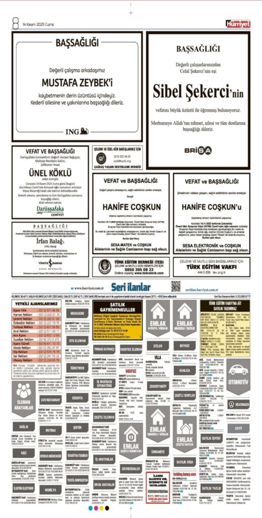 Hürriyet Bugünkü Vefat Teşekkür Anma ilanları 14.11.2025