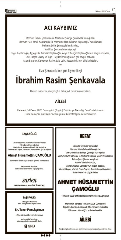 Hürriyet Bugünkü Vefat Teşekkür Anma ilanları 14.11.2025