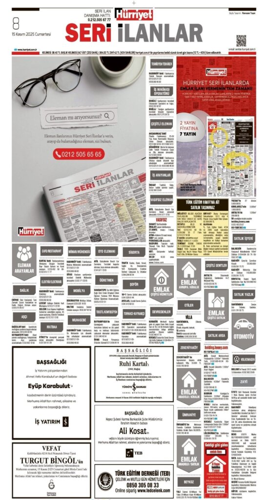 Hürriyet Bugünkü Vefat Teşekkür Anma ilanları 15.11.2025