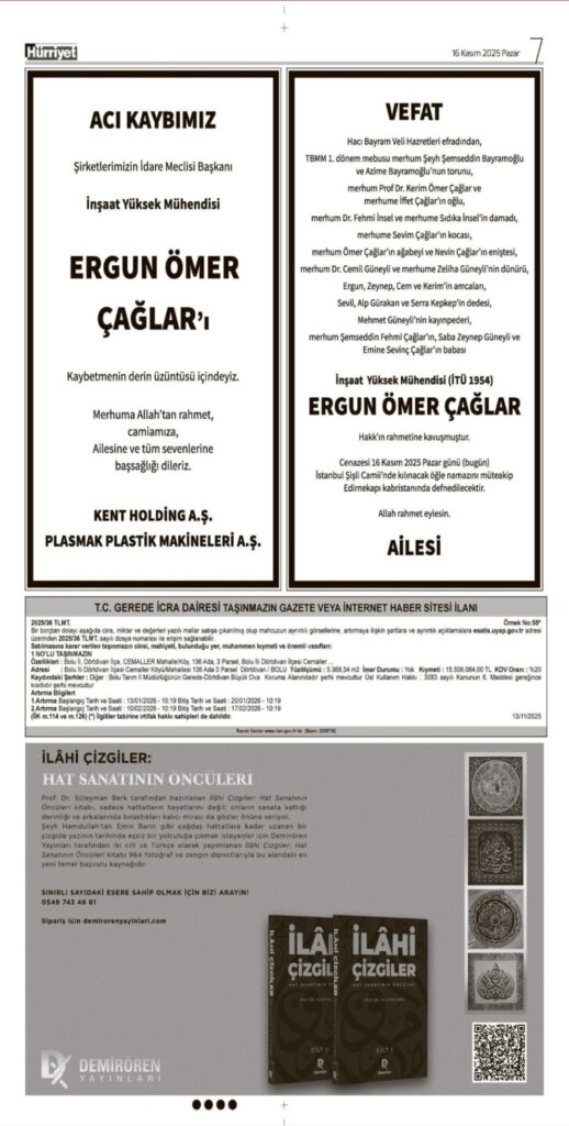 Hürriyet Bugünkü Vefat Teşekkür Anma ilanları 16.11.2025