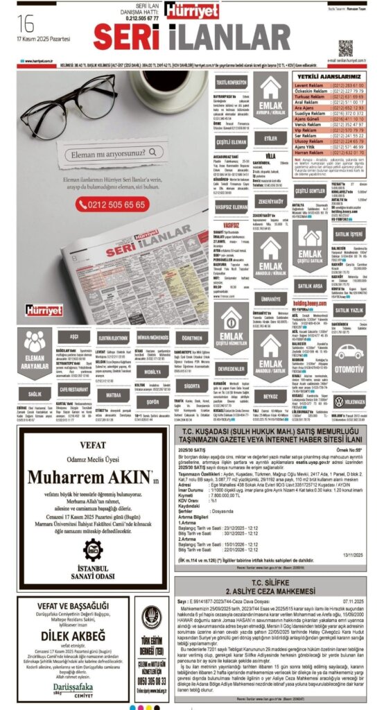 Hürriyet Bugünkü Vefat Teşekkür Anma ilanları 17.11.2025