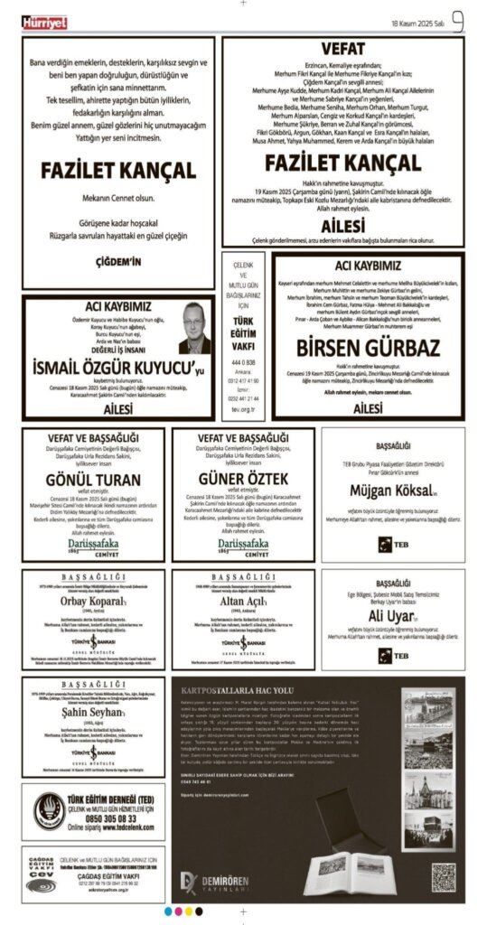 Hürriyet Bugünkü Vefat Teşekkür Anma ilanları 18.11.2025