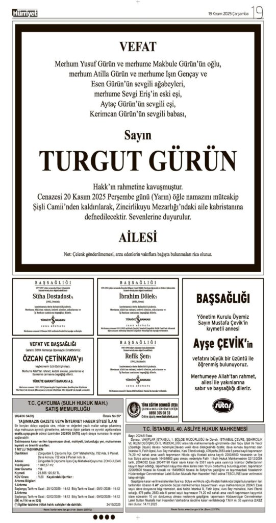 Hürriyet Bugünkü Vefat Teşekkür Anma ilanları 19.11.2025