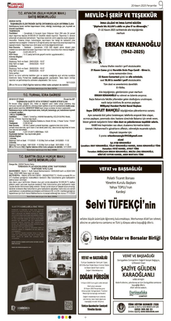 Hürriyet Bugünkü Vefat Teşekkür Anma ilanları 20.11.2025